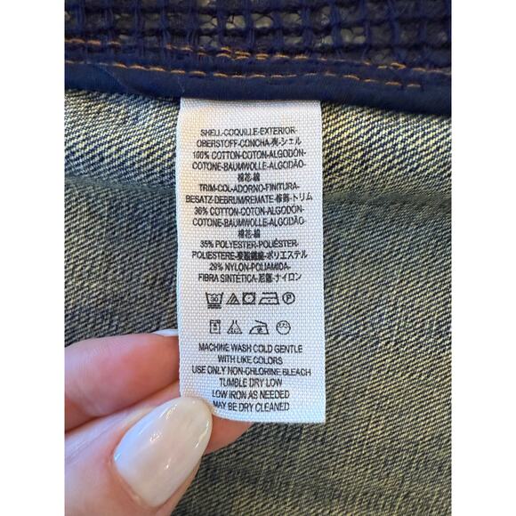 004 Free People Women's Denim Jean Blue Lace Panel Crop Raw Hem Jacket Sz S - Picture 7 of 7